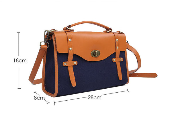 Vintage Womens Canvas Satchel Bag With Leather Flap Cross Body Messenger Bag Handmade