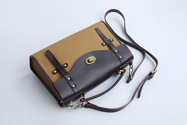 Vintage Womens Canvas Satchel Bag With Leather Flap Cross Body Messenger Bag Nice