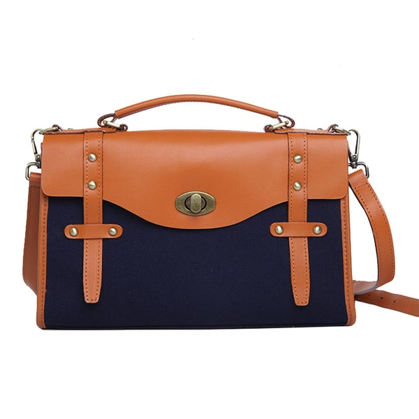 Vintage Womens Canvas Satchel Bag With Leather Flap Cross Body Messenger Bag Original