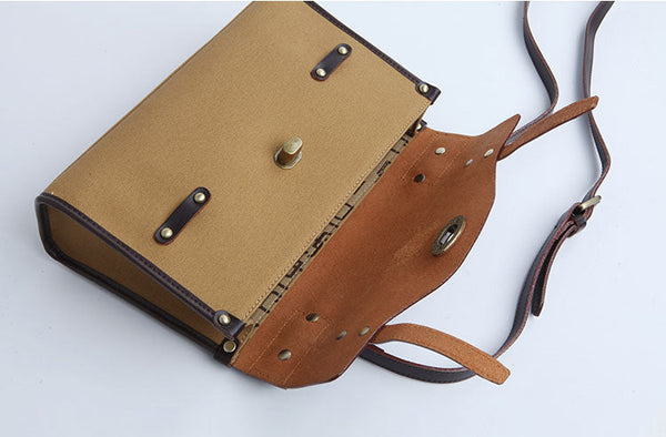 Vintage Womens Canvas Satchel Bag With Leather Flap Cross Body Messenger Bag Outside