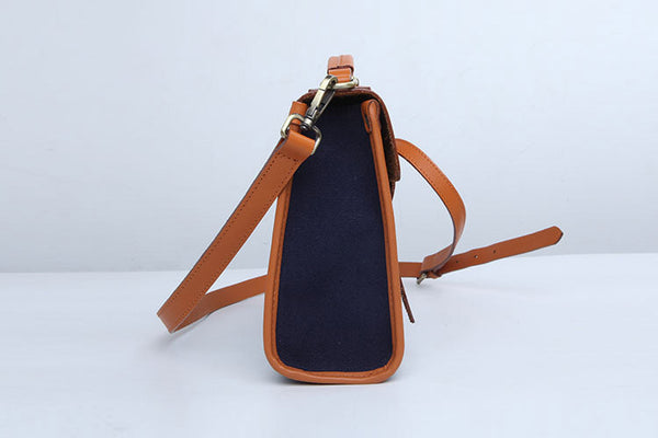 Vintage Womens Canvas Satchel Bag With Leather Flap Cross Body Messenger Bag Vintage