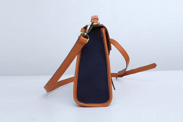 Vintage Womens Canvas Satchel Bag With Leather Flap Cross Body Messenger Bag Vintage