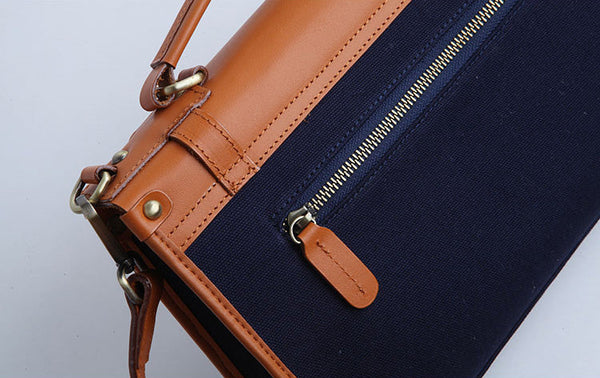 Vintage Womens Canvas Satchel Bag With Leather Flap Cross Body Messenger Bag Work-bag