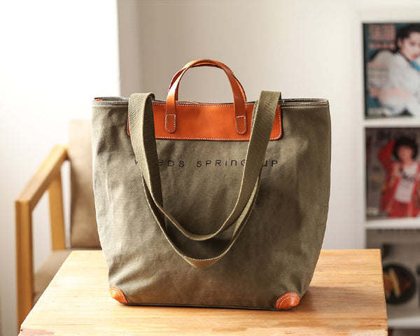 Vintage Womens Canvas Tote With Leather Handles Cross Shoulder Bag