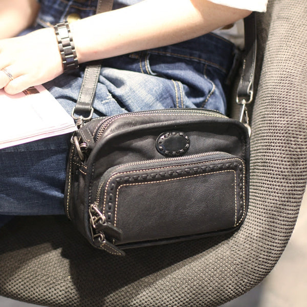 Vintage Womens Cowhide Leather Crossbody Purse Black Sling Bag