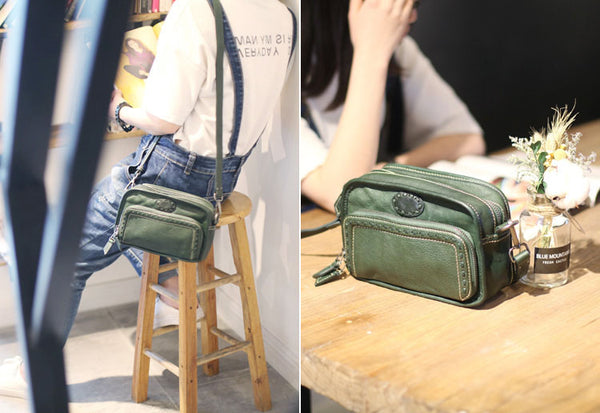 Vintage Womens Cowhide Leather Crossbody Purse Black Sling Bag for Women Cute