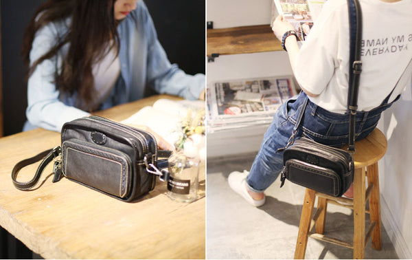 Vintage Womens Cowhide Leather Crossbody Purse Black Sling Bag for Women Details