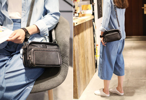 Vintage Womens Cowhide Leather Crossbody Purse Black Sling Bag for Women Durable