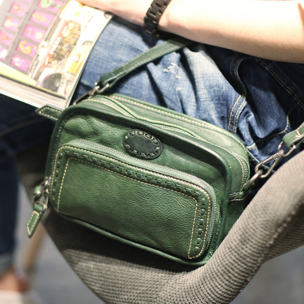 Vintage Womens Cowhide Leather Crossbody Purse Black Sling Bag for Women Handmade