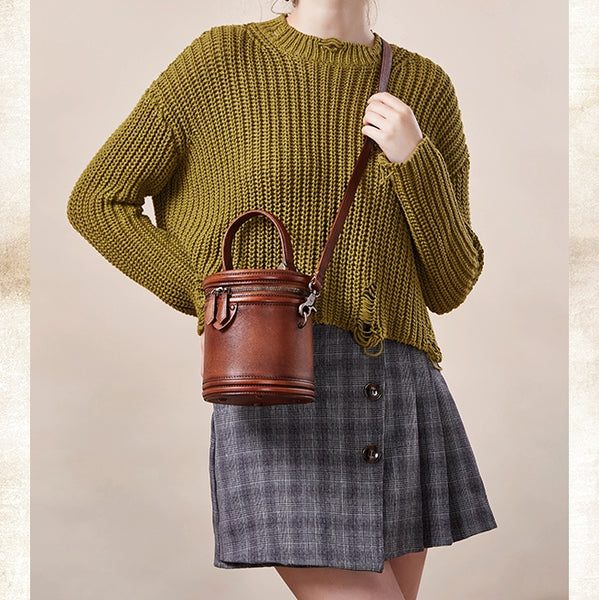 Vintage Womens Genuine Leather Crossbody Bucket Bag Handbags for Women Latest