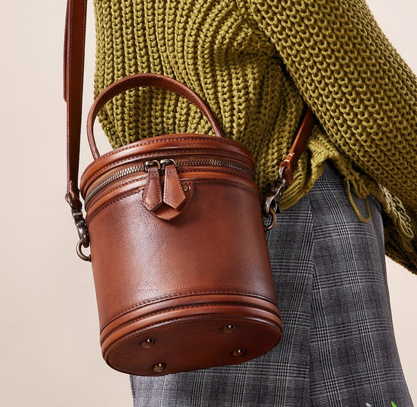 Vintage Womens Genuine Leather Crossbody Bucket Bag Handbags for Women Nice