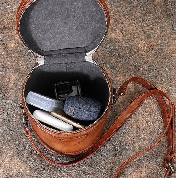 Vintage Womens Genuine Leather Crossbody Bucket Bag