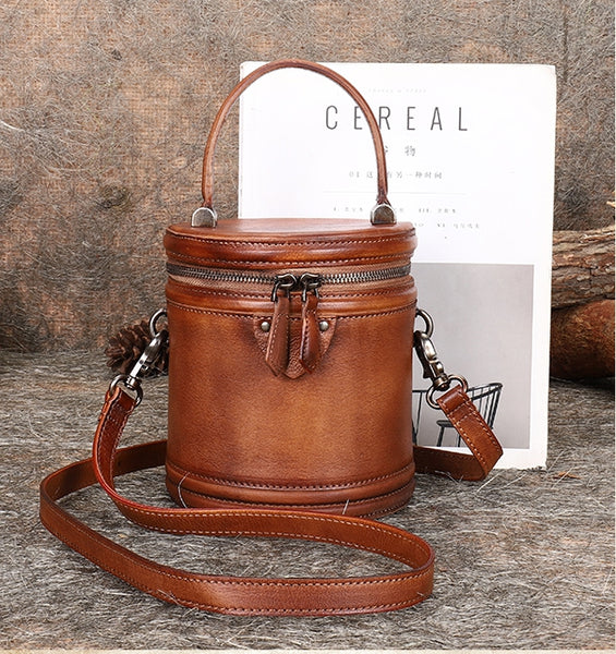 Vintage Womens Genuine Leather Crossbody Bucket Bag Handbags