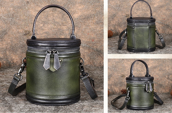 Womens Green Leather Bucket Bags Small Crossbody Satchel Purses for Women
