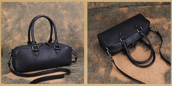 Vintage Womens Leather Boston Bag Small Handbags For Women Front