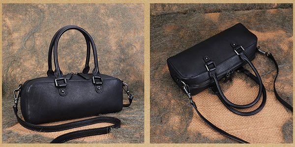 Vintage Womens Leather Boston Bag Small Handbags For Women Front