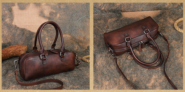 Vintage Womens Leather Boston Bag Small Handbags For Women Genuine-Leather