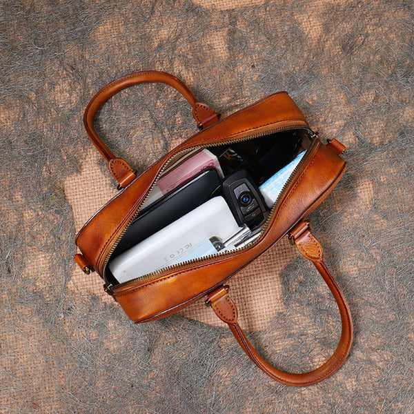 Vintage Womens Leather Boston Bag Small Handbags For Women Quality