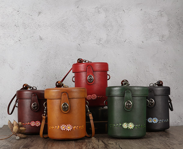 Vintage Womens Leather Crossbody Bucket Bag With Daisy Pattern Side Bags For Women Cute