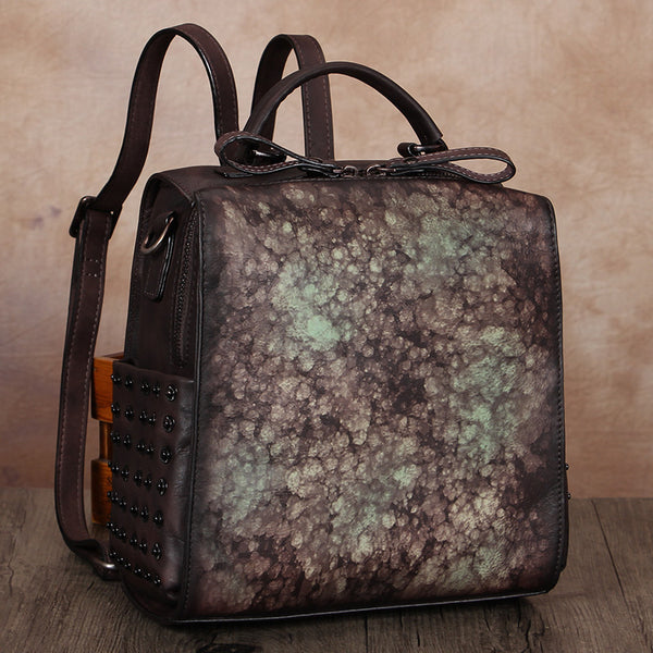 Vintage Womens Small Square Leather Backpack Purse Sling Bags for Women Cowhide