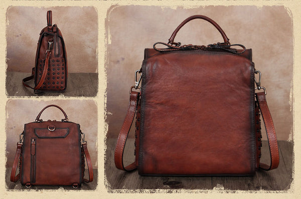 Vintage Womens Small Square Leather Backpack Purse Sling Bags for Women Genuine Leather