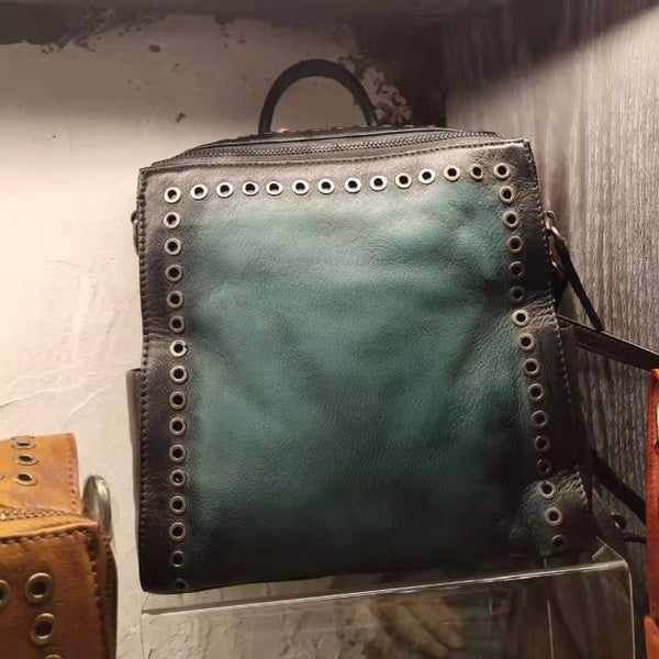 Vintage Womens Square Leather Backpack Purse with Rivets Funcky Backpacks for   Women Beautiful