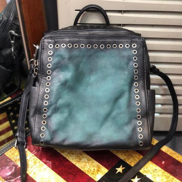 Vintage Womens Square Leather Backpack Purse with Rivets Funcky Backpacks for   Women Black
