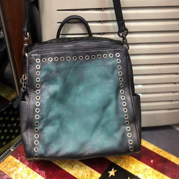 Vintage Womens Square Leather Backpack Purse with Rivets Funcky Backpacks for   Women Chic