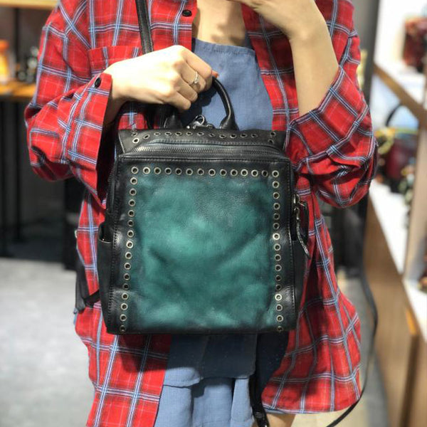 Vintage Womens Square Leather Backpack Purse with Rivets Funcky Backpacks for   Women Cool