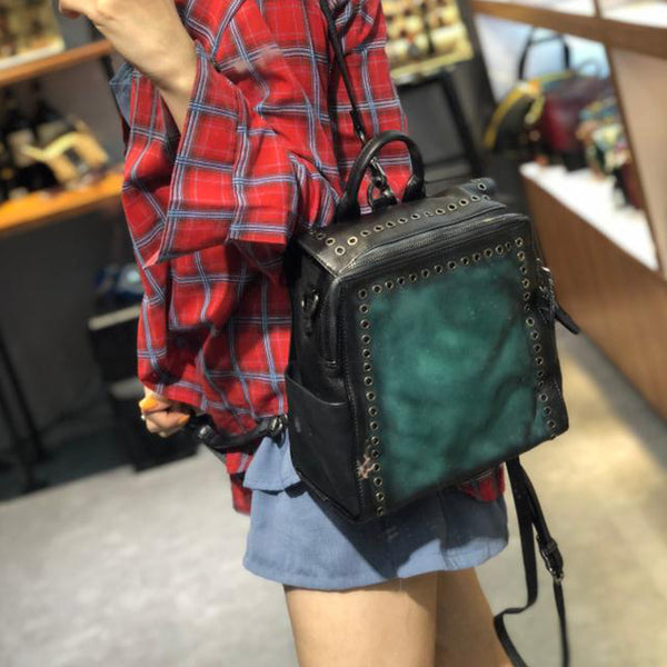 Vintage Womens Square Leather Backpack Purse with Rivets Funcky Backpacks for   Women Cowhide