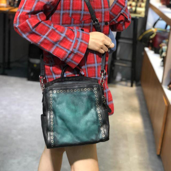 Vintage Womens Square Leather Backpack Purse with Rivets Funcky Backpacks for   Women Cute