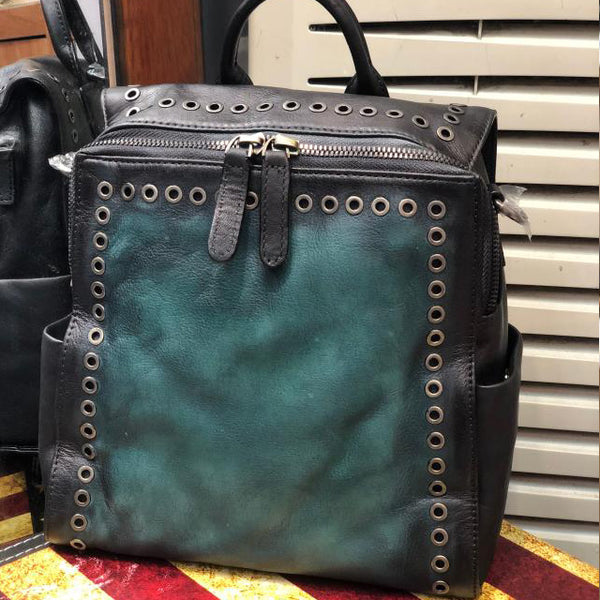 Vintage Womens Square Leather Backpack Purse with Rivets Funcky Backpacks for   Women Details
