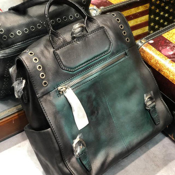 Vintage Womens Square Leather Backpack Purse with Rivets Funcky Backpacks for   Women Durable