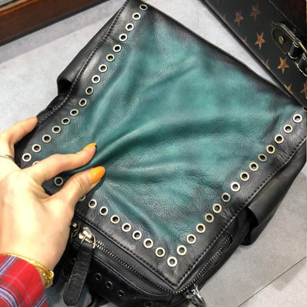 Vintage Womens Square Leather Backpack Purse with Rivets Funcky Backpacks for   Women Funky