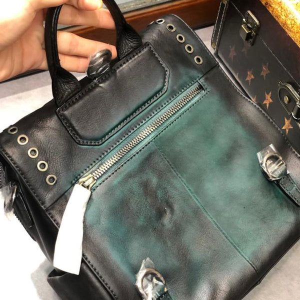 Vintage Womens Square Leather Backpack Purse with Rivets Funcky Backpacks for   Women Handmade