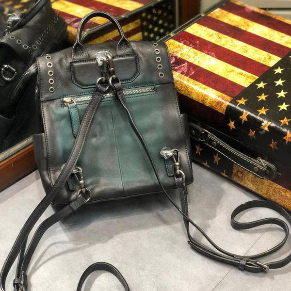 Vintage Womens Square Leather Backpack Purse with Rivets Funcky Backpacks for   Women Quality
