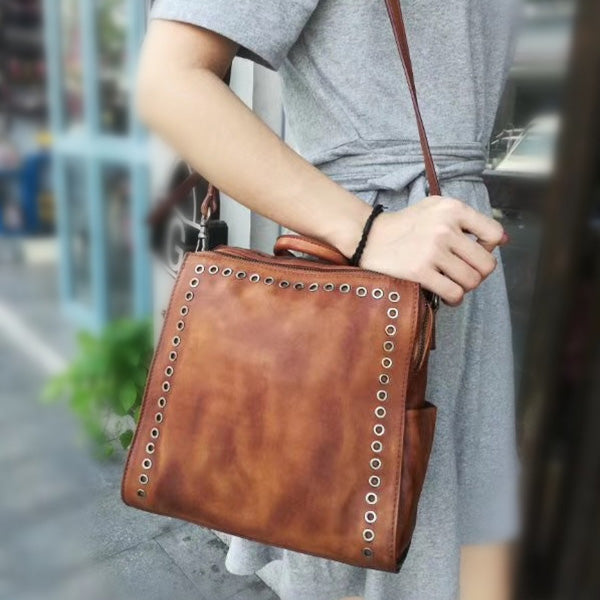 Vintage Womens Square Leather Backpack Purse with Rivets Funcky Backpacks for   Women