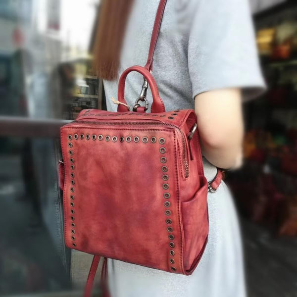 Vintage Womens Square Leather Backpack Purse with Rivets Funcky Backpacks