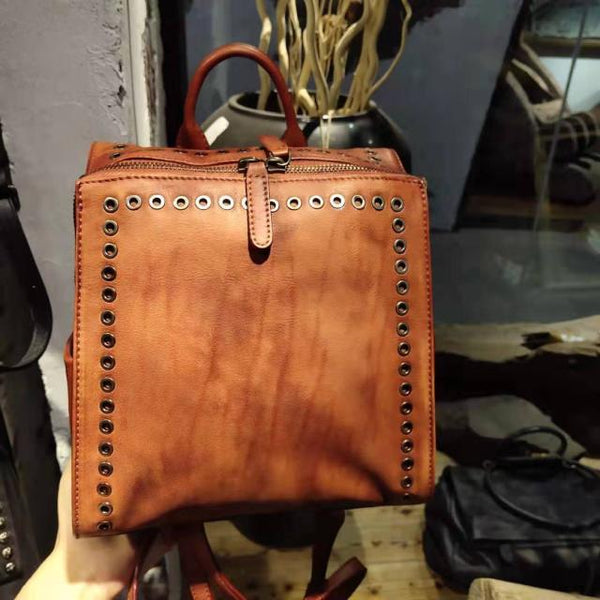 Vintage Womens Square Leather Backpack Purse with Rivets
