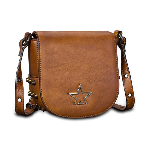 Vintage Womens Tan Leather Crossbody Saddle Bag