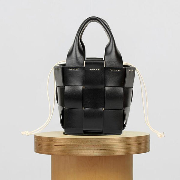 Vintage Womens Woven Genuine Leather Bucket Handbags Cross Shoulder Bag For Women Affordable
