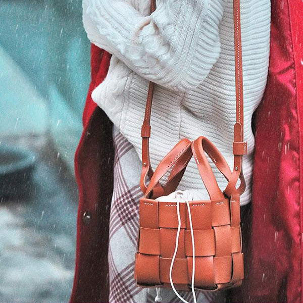 Womens Beige Shoulder Bag Leather Bucket Bag For Women