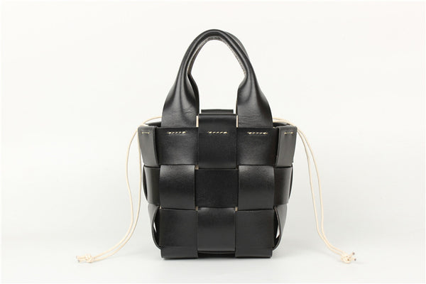 Vintage Womens Woven Genuine Leather Bucket Handbags Cross Shoulder Bag For Women Cowhide