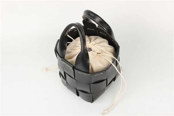 Vintage Womens Woven Genuine Leather Bucket Handbags Cross Shoulder Bag For Women Designer