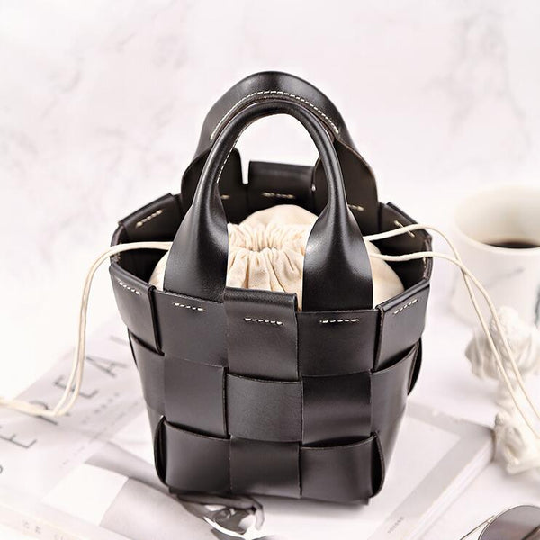 Cute Womens Black Woven Leather Handbag Leather Bucket Bag For Women