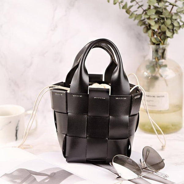 Vintage Womens Woven Genuine Leather Bucket Handbags Cross Shoulder Bag For Women Fashion