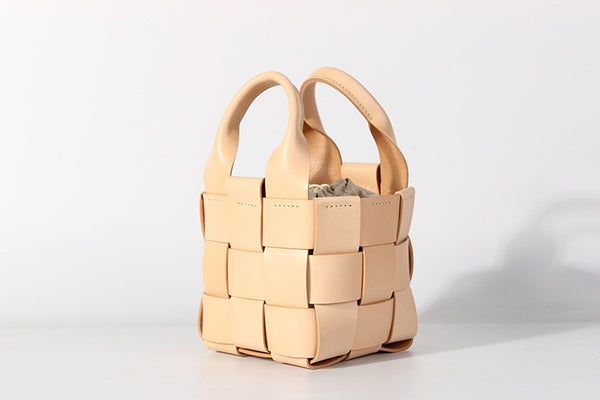 Vintage Womens Woven Genuine Leather Bucket Handbags Cross Shoulder Bag For Women Funky