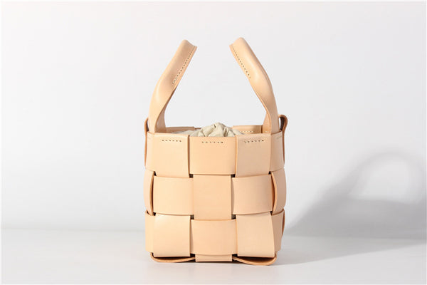 Vintage Womens Woven Genuine Leather Bucket Handbags Cross Shoulder Bag For Women Genuine Leather