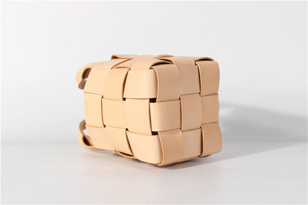 Vintage Womens Woven Genuine Leather Bucket Handbags Cross Shoulder Bag For Women Gift