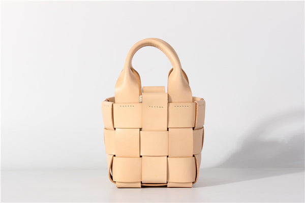 Vintage Womens Woven Genuine Leather Bucket Handbags Cross Shoulder Bag For Women Handmade